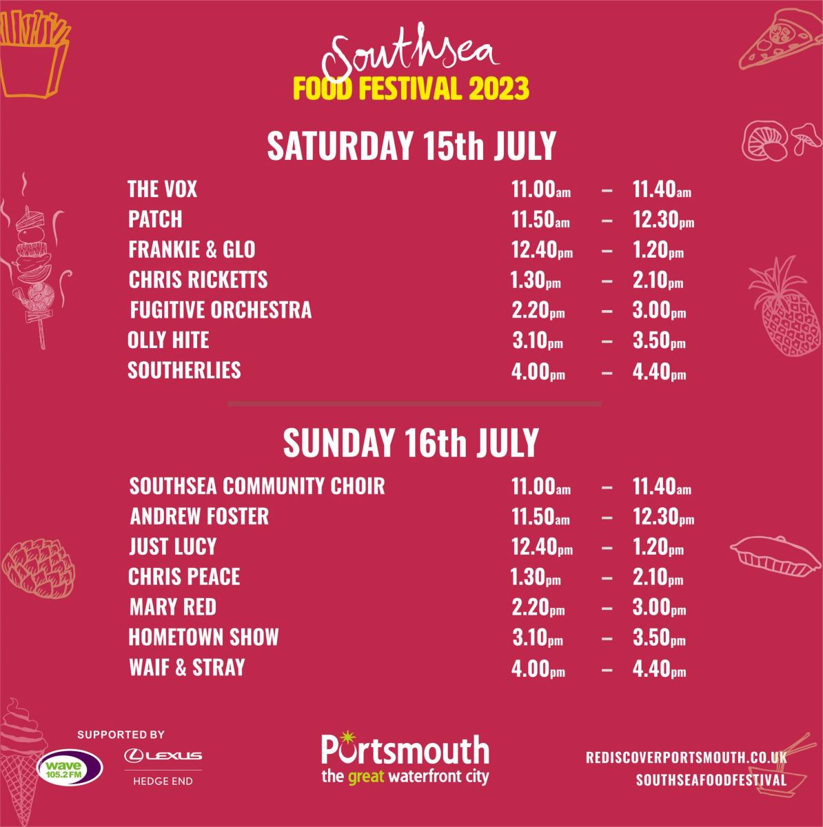 Southsea Food Festival bands line-up, featuring The Vox, Patch, Frankie & Glo, Chris Ricketts, Fugitive Orchestra, Olly Hite, Southerlies, Southsea Community Choir, Andrew Foster, Just Lucy, Chris Peace, Mary Red, Hometown Show, and Waif & Stray